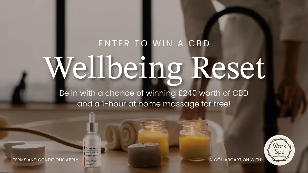 Main image for blog post featuring a Wellness Reset Giveaway. The visual showcases a serene and inviting setting, ideal for relaxation. The foreground prominently displays a bottle of 300mg CBD Miracle Oil and a luxurious, soft towel, symbolising the premium CBD cosmetic products included in the giveaway. In the background, there's a peaceful home spa environment with soft lighting, conveying the comfort and tranquility of an at-home full body massage. Text overlay highlights the giveaway details, including the partnership with @WorkSpa, the offer of an hour-long massage, and over £240 worth of CBD products. The overall mood of the image is calming and inviting, perfectly encapsulating the essence of the wellness and relaxation theme of the giveaway.