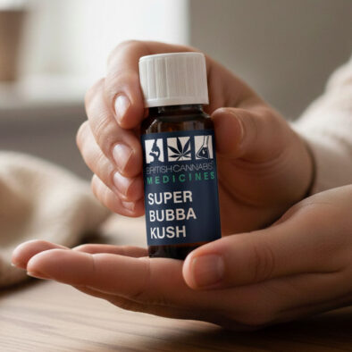 A person holds a bottle of 5CBD strain-specific CBD oil in their hand, illustrating careful dosing. The image supports a blog post about the importance of titration—adjusting CBD dosage gradually to find the optimal amount for individual needs.