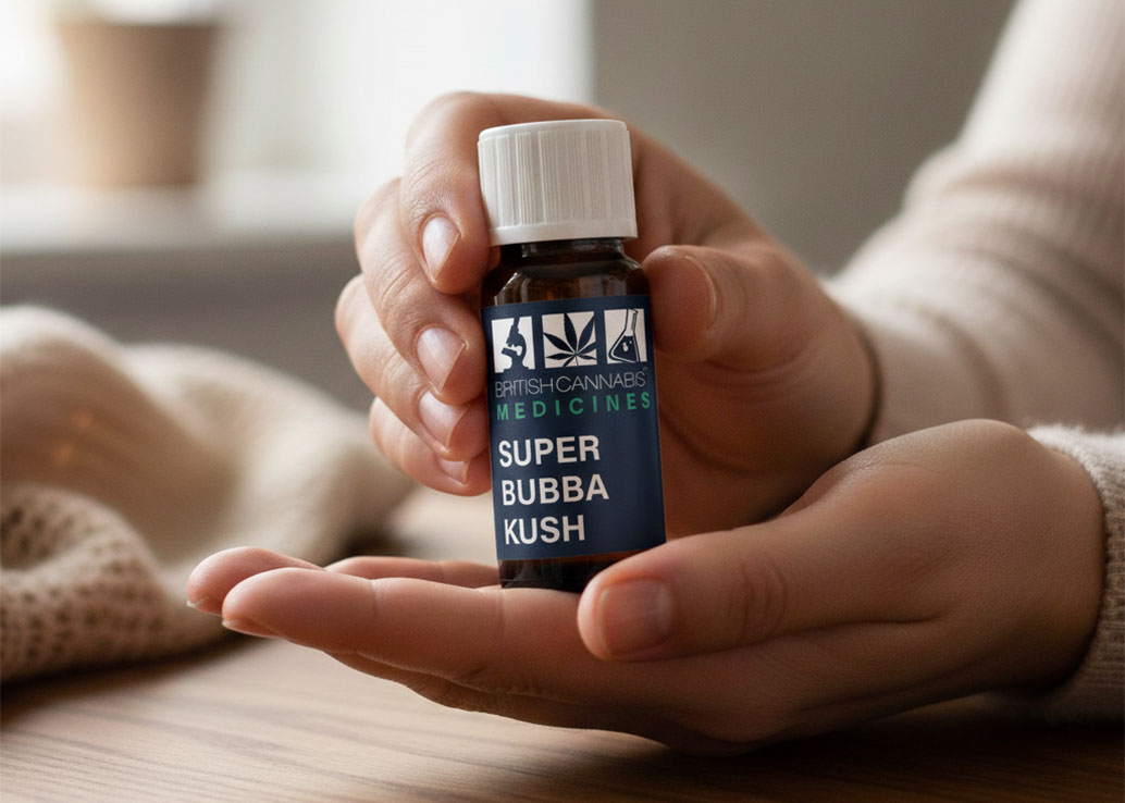 A person holds a bottle of 5CBD strain-specific CBD oil in their hand, illustrating careful dosing. The image supports a blog post about the importance of titration—adjusting CBD dosage gradually to find the optimal amount for individual needs.