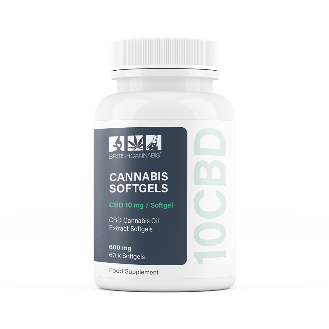 White plastic bottle of BRITISH CANNABIS Cannabis Softgels with screw-top lid, labelled “CBD 10 mg per softgel,” containing 60 softgels (600 mg total), with dark blue and mint green branding and “Food Supplement” noted at the bottom.