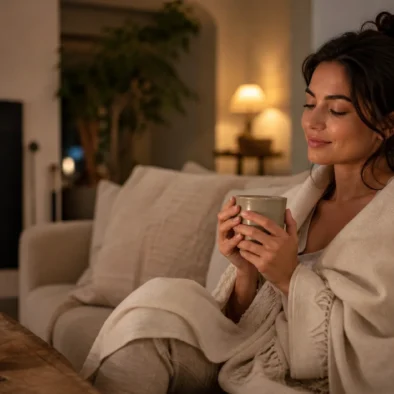 Woman relaxing on a sofa in the evening as part of a calm wellness routine, representing CBD gummies benefits for stress and relaxation